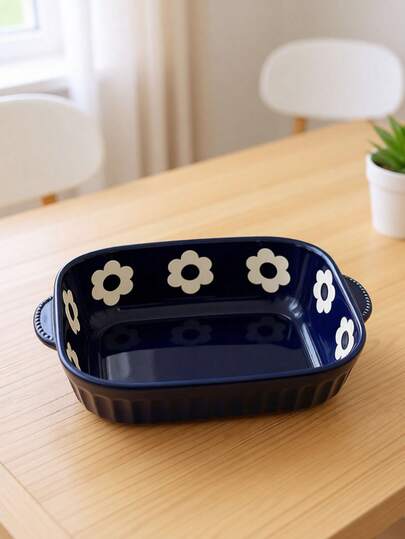 Japanese INS Style Ceramic Baking Dish – Cute Floral Pattern Rectangular Bakeware With Handles, High-Temperature For Desserts, Salads & Snacks, Oven & Microwave Friendly