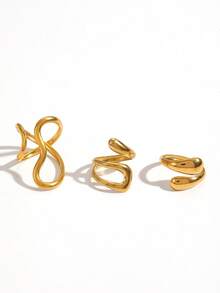 COINBUFF 3pcs Fashionable Luxury Teardrop Line Stainless Steel Gold Plated Adjustable Non-Fading Rings Set, Suitable For Daily Wear And Holiday Gifts - As Shown - View 5