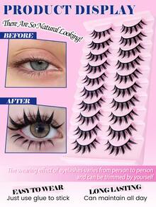 MAANGE 10对动漫猫眼蓬松假睫毛，欧式风格，多包装，可重复使用D型卷翘浓密睫毛，专业化妆，适用于角色扮演和舞台表演，打造戏剧性眼妆，新手也能轻松上手 - 黑色 - 查看 6