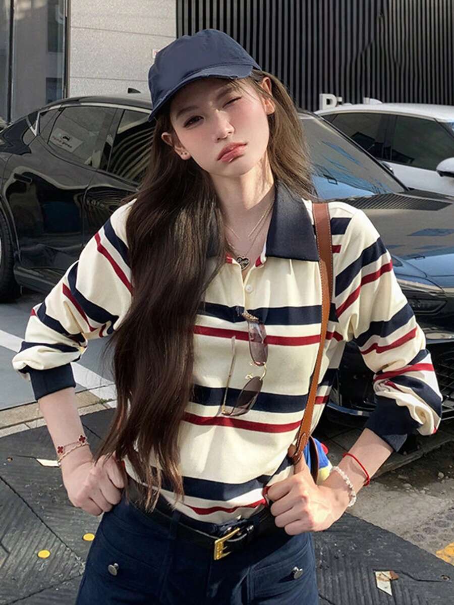 Striped Polo Shirt Casual Long Sleeve T-Shirt (Stripe Pattern Random) - Navy Blue and Red Patchwork - View 1