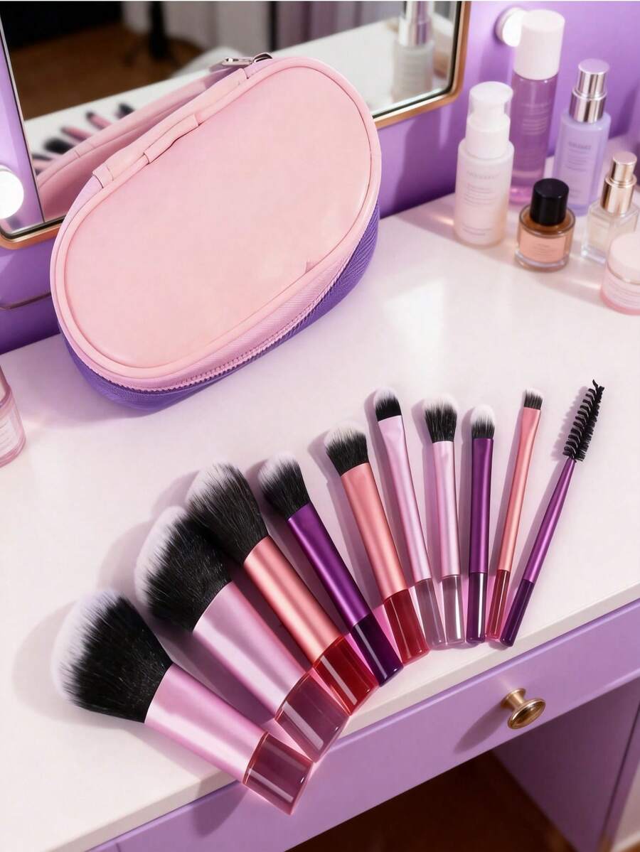 10支装化妆刷套装，柔软蓬松，专业粉底刷、散粉刷、眼影晕染刷，带化妆包，适合化妆新手，彩色手柄，柔软刷毛，便携旅行套装，适合度假、海滩，送给女性和女孩的礼物 - 彩色 - 查看 1
