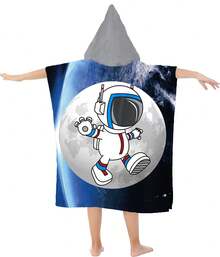 Children's Astronaut Cotton Poncho Towel For Beach, Pool, Bath, Summer, Girls'/Boys' With Hood, Terry Cloth, Cute Decor - 藍色 - 查看 4