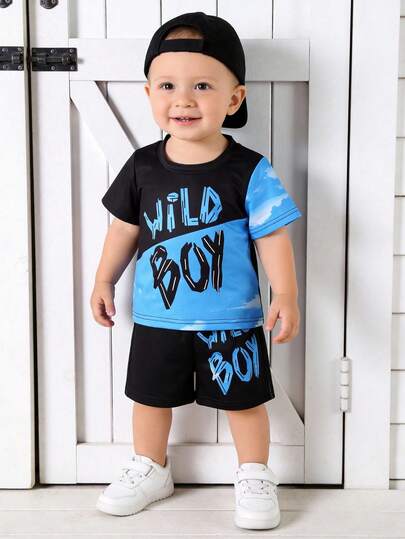 2pcs/Set Newborn Baby Boy Casual Sports Outfit, Cute Colorblock Design, Personalized Graffiti Letter & Cloud Print Round Neck Short Sleeve T-Shirt Top And Loose Black Shorts Set, Spring/Summer