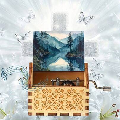 Hand Crank Music Box, No Battery Wooden Music Box With Mountain Lake Art - Retro Style Up Music Box For Gift, Home Decor