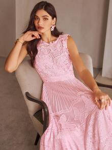 Simplee Women's Spring/Summer New Elegant Sleeveless Lace Maxi Dress, Floral Pattern A-Line Dress Party Gown, Random Butterfly Applique And Faux Pearl Decor, Suitable For Party And Wedding Pink - Pink - View 2