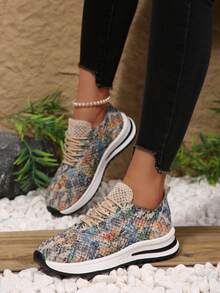 女士春季印花休闲运动鞋，厚底系带，防滑透气网面 - 彩色 - 查看 2