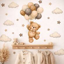 Pegatina de pared con globo de oso estilo bohemio, decoración de habitación de bebé con oso y cielo estrellado, autoadhesiva para decoración del hogar, habitación de niños y dormitorio, estilo europeo y americano - Multicolor 2 - Ver 9