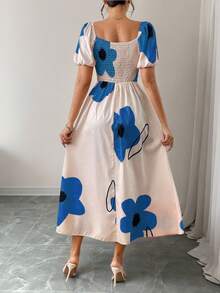 Vestidos Largos Casuales De Mujer Con Hombros Descubiertos, Estampado De Flores, Espalda Fruncida Y Abertura Alta,Vestido Con Estampado Floral, Hombros Descubiertos, Nudo En El Frente Y Abertura En El Muslo Para Mujer - Azul - Ver 3