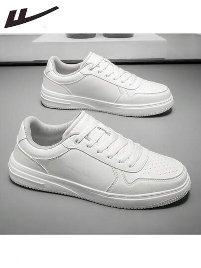 WARRIOR 1 Pair Men's Casual Fashion Versatile Sneakers, 2026 Spring New Leather Round Toe Non-Slip Comfortable Low-Top Lace-Up Lightweight Soft Sole Classic Daily Commute Outdoor White Shoes