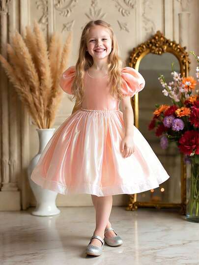 Young Girls' Puff Sleeve Faux Pearl Colorful Organza Elegant Luxury Runway Dress, Suitable For Attending Balls, Birthdays, Parties, Does Not Include Headband