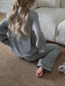 Nina Bonheur 2pcs Women Notched Collar Long Sleeve Pajama Set - Comfortable Casual Sleepwear & Loungewear - 灰色 - 查看 5