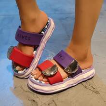 女士厚底极简时尚多巴胺涂鸦印花魔术贴凉鞋 - 中紫紅色 - 查看 1