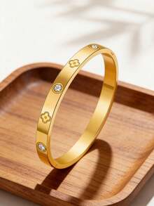 1pc Fashionable Titanium Steel Four-Leaf Clover Flower Zirconia Bracelet For Women, Suitable For Valentine's Day, Dates, Daily Wear - Yellow Gold - View 6