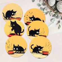 6-Piece Set Of Heat-Insulating Wooden Coasters With Cute Black Cat Design, Suitable For Home, Office, And Party Drinks, High-Quality Coasters, Perfect Holiday Gift - Wooden Board-circle Coaster - View 2