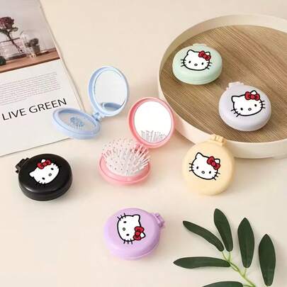 SANRIO 1件套可折叠便携镜按摩梳套装，可爱口袋大小旅行美发梳带镜子，便携式化妆护发配件 - 送给女孩和粉丝的完美礼物