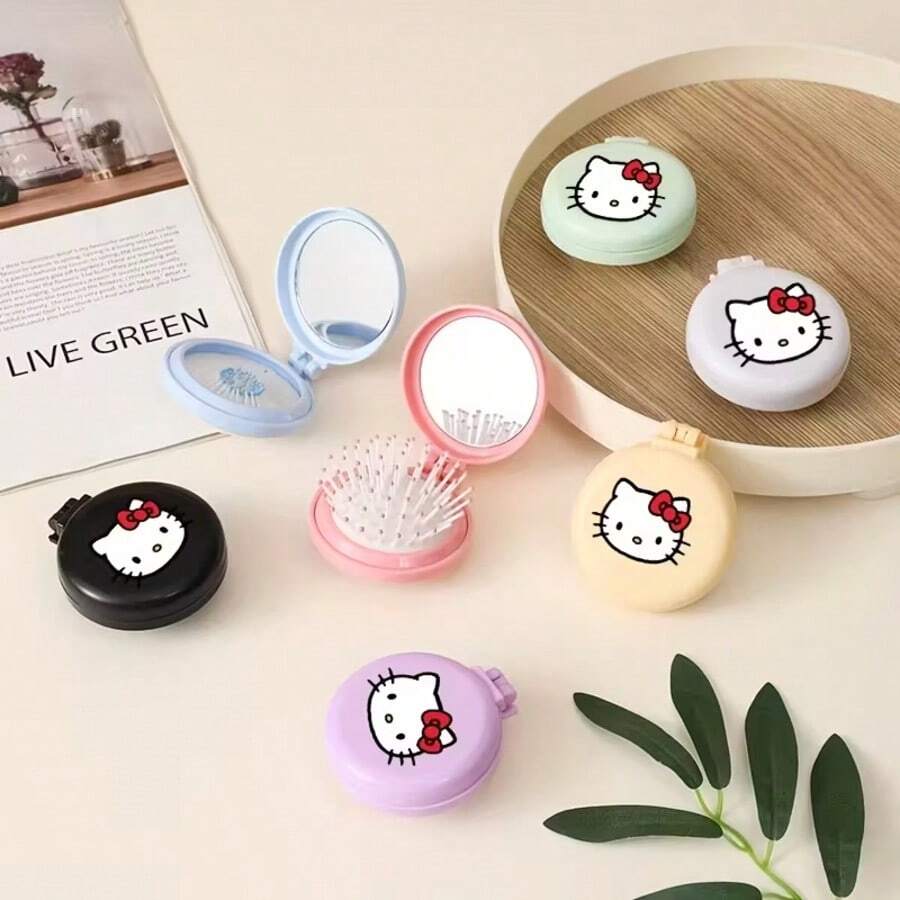 SANRIO 1件套可折叠便携镜按摩梳套装，可爱口袋大小旅行美发梳带镜子，便携式化妆护发配件 - 送给女孩和粉丝的完美礼物 - 彩色 - 查看 1