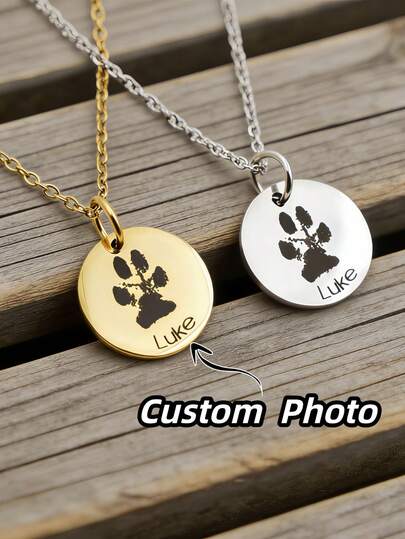 1pc Customized Photo Necklace, Personalized Stainless Steel Round Pendant Necklace, Customized Engraved Photo & Letter Necklace, Custom Pet Photo Necklace, Memorial Pet Photo + Name Necklace, Gift For Friends To Commemorate Pets