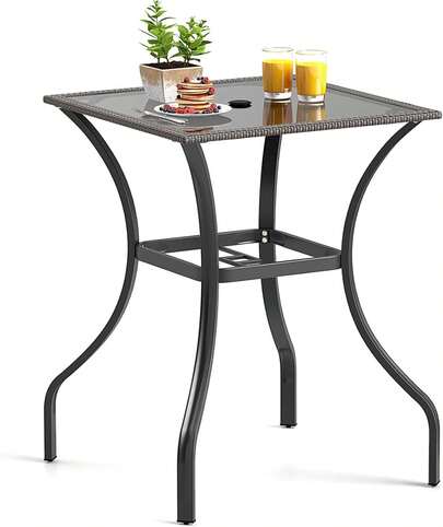 HAPPYGRILL Patio Bar Table, 28.5 X 28.5 Inch Outdoor Bar Height Dining Table With Rattan Edge &Amp; Heavy-Duty Metal Legs, 2 Inch Umbrella Hole, Square Bistro Bar Table For Poolside, Backyard, Balcony