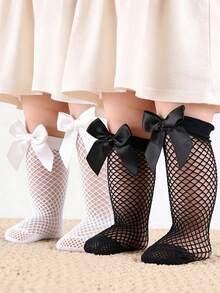 2 Pairs Baby Girls' Cute Bow Fishnet Socks, Elastic Breathable Mesh Mid-Calf Socks, Suitable For Summer - Black and White - View 19