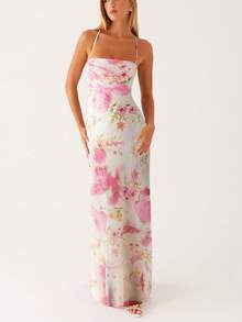 Women Long Dress Floral Print Sleeveless Cami Dress Summer Cross Tie-Up Backless Fashion Spaghetti Strap Dress - 湖藍色 - 查看 2