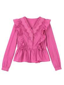 ii Casual Solid Color Lace Patchwork Ruffle Trim Long Sleeve Blouse Spring - Hot Pink - View 5