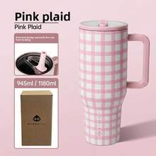 HYDROJUG32OZ&40OZ Straw Cup Large Capacity Car Insulated Cup Office Water Cup Men And Women High-Looking 2026 New Exclusive Style Coffee Plaid - 粉紅色格子 - 查看 2