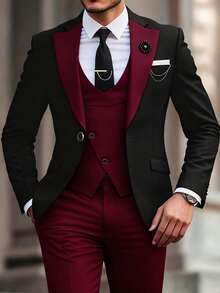 Men's Stylish And Elegant 3-Piece Suit, Jacket + Vest + Pants, Business Dress, Suitable For Weddings, Parties And Formal Occasions - Màu Đỏ Sâu - Xem 1