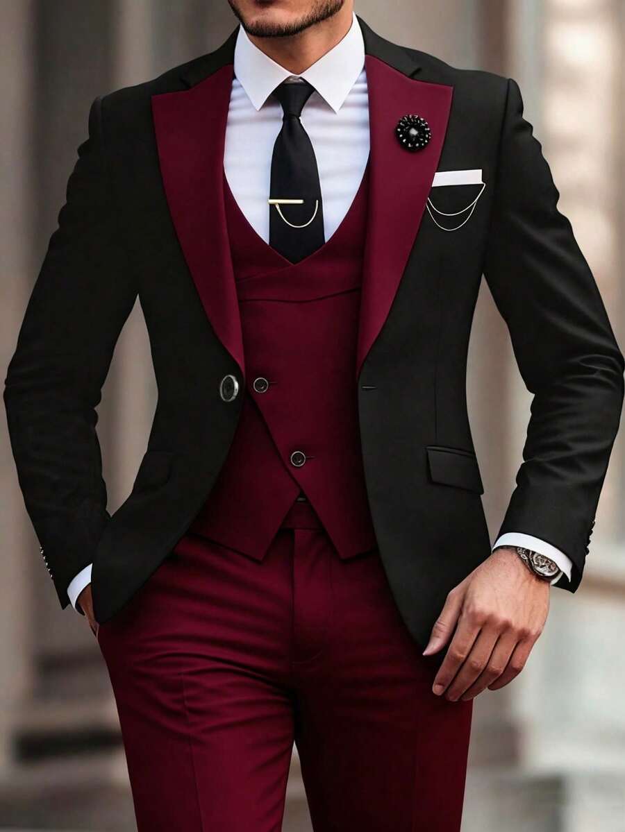 Men's Stylish And Elegant 3-Piece Suit, Jacket + Vest + Pants, Business Dress, Suitable For Weddings, Parties And Formal Occasions - Màu Đỏ Sâu - Xem 1