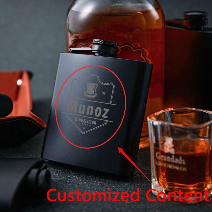 1pc Personalized Leather Flask, Groomsman Gift, Best Man Gift, Leather Flask, Customized Engraved Groomsman Flask, Wedding Flask, Engraved Dad Gift, Groom Gift, Boyfriend Gift, Husband Gift, Unique Groomsman Proposal Gift For Wedding And Bachelor Party - Black - View 1