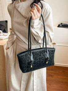 Fashionable Large Capacity Leopard Print Shoulder Bag, Casual Commuter Underarm Tote Bag For Women - Black - View 11