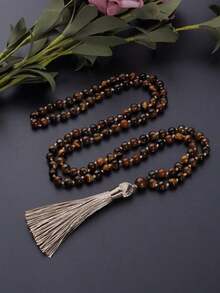6mm 108 Mala Beaded Necklace Natural Tiger Eye Stone Knotted Necklace Tassels Long Chain Men Women Meditation Jewelry Bohemia Style - 棕色 - 查看 5