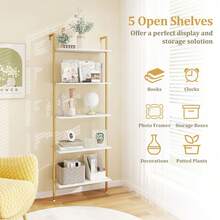 GOFLAME 5-Tier Ladder Shelf Wall Mounted Bookcase With Metal Frame-White - White - View 6