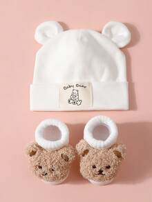 2 peças/Conjunto Chapéu Macio com Orelhas de Coelho + Meias de Urso de Pelúcia para Bebês de 0-12 Meses, Gorro Elástico para Bebês Recém-Nascidos, Conjunto Fofo para Uso Casual Diário Interno/Externo, Sessão de Fotos - 2 unidades - Visão 11