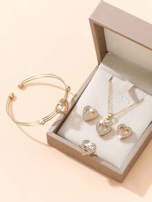 5件套心形合金钻石首饰套装，包括项链、手链、戒指和耳环，适合女孩佩戴，设计简约优雅，适合日常佩戴或作为礼物赠送，也适合感恩节、开学季和毕业季等场合。 - 彩色 - 查看 2