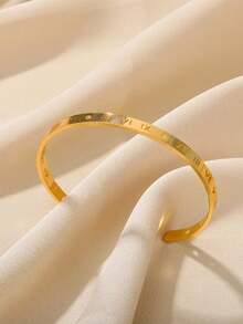 1 pieza Brazalete de mujer de acero inoxidable con números romanos huecos de color dorado, diseño geométrico abierto, joya de boda como regalo - Amarillo Oro - Ver 3
