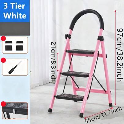 3/4/5-Tier Folding Step Stool (Black/Red/Pink) - Wide Non-Slip Pedals Sturdy Steel Lightweight Portable Step Ladder For Kitchen Home Durable Space-Saving Foot Stool Ideal For Reaching High Cabinets, Organizing, Cleaning & Daily Household Tasks