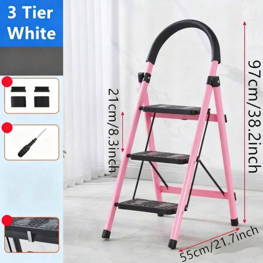 3/4/5-Tier Folding Step Stool (Black/Red/Pink) - Wide Non-Slip Pedals Sturdy Steel Lightweight Portable Step Ladder For Kitchen Home Durable Space-Saving Foot Stool Ideal For Reaching High Cabinets, Organizing, Cleaning & Daily Household Tasks - 粉紅色 - 查看 1