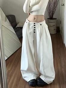 Quần ống rộng xếp ly màu trơn cho nữ, kiểu dáng thường ngày, đa năng, màu trắng, thích hợp mặc mùa xuân. - trắng - Xem 1