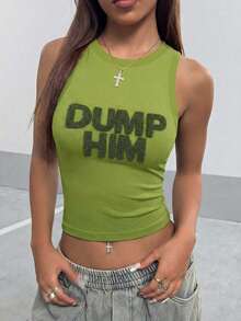 女士绿色圆领无袖背心，Y2K性感风格，休闲时尚，字母印花，适合春夏郊游、派对、野餐 - 綠色 - 查看 3