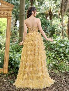 Elisanya Ruffle Bust Sweetheart Neck Layered Mesh Ruffle Hem Cocktail Dress Party - Yellow - View 2