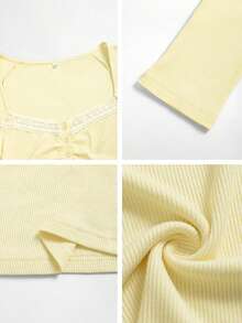 ملابس علوية بياقة من الدانتيل مع تفاصيل أزرار، أكمام طويلة، ياقة مربعة على الطراز القديم، قصير وضيق، من قماش محبوك مرن، لون أصفر فاتح هادئ، بطابع فرنسي نقي وحلو، مثالي للمواعيد والخروج وتناول الشاي بعد الظهر. مناسب للربيع والخريف، رحلات الربيع والتجمعات مع الأصدقاء، قطعة فريدة وجذابة. - أوزة صفراء - مشاهدة 10