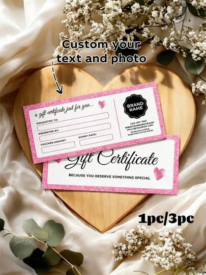 1/3pcs Valentines Heart Business Editable Gift Certificate Gift,Customize Photo And Text,Gift Certificate Template: Beauty Salon, Lash, Nail & Spa Editable Voucher Card, Pink Canva Design
