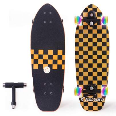 Nattork Complete Skateboards 29" X 9" Youth Cruiser Skateboard For Beginners Double Kick Deck Concave Girls Or Boys Skateboard Gold Check