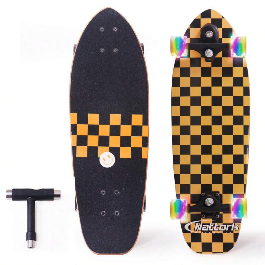 Nattork Complete Skateboards 29" X 9" Youth Cruiser Skateboard For Beginners Double Kick Deck Concave Girls Or Boys Skateboard Gold Check - Golden Check - View 1