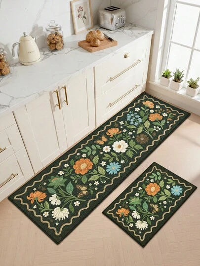 1pc Vintage Green Floral Kitchen Mat, Long Runner Rug Suitable For Bathroom, Kitchen, Outdoor, Indoor, Hallway, Bedroom, Living Room, Machine Washable Kitchen Carpet Accessory