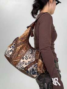 Y2K 个性化豹纹女士摩托车手提包，复古拼接铆钉镶嵌，时尚日常手提包，适合日常使用、聚会、通勤和旅行，是品味高雅的节日时尚礼物。 - 棕色 - 查看 5
