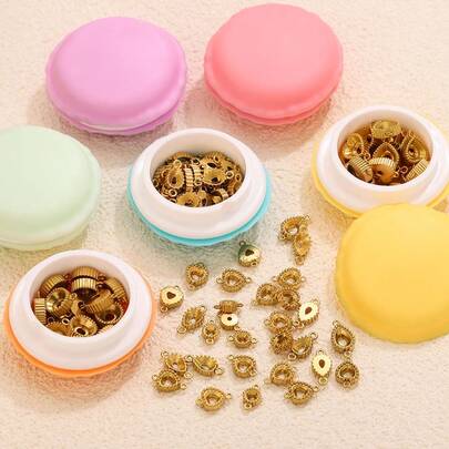 1pc Exquisite Plastic-Material Macaron Packaging, Including 10pcs 304 Stainless Steel 18K Gold-Plated Multi-Style Double-Hole Pendant Bases And Settings DIY Charm Jewellery Necklace And Bracelet Making Accessories Handmade Components,Box Color Random