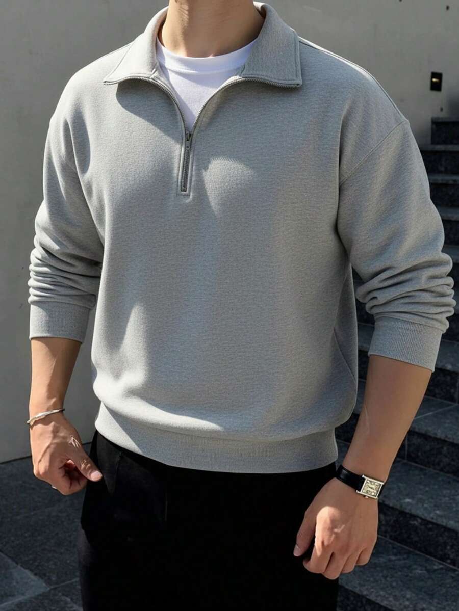 1pc Men's Loose Fit Half-Zip Collar Lightweight Solid Color Long Sleeve Sweatshirt, New Style