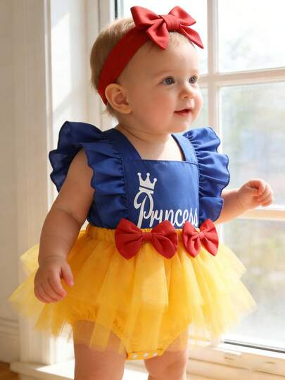 两件套女婴休闲可爱柔软舒适套装，皇冠字母印花，蝴蝶结装饰，多层荷叶边网纱连体裙和发带，适合新生女婴夏季日常穿着、派对、拍照、户外活动