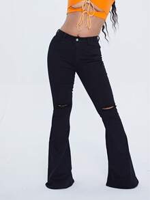 WGXWGX Women's Black Fashion Ripped Flared Jeans Elegant Commuter Style Stretch Denim Pants Machine Washable High Waist Pocket Pants - 黑色 - 查看 6